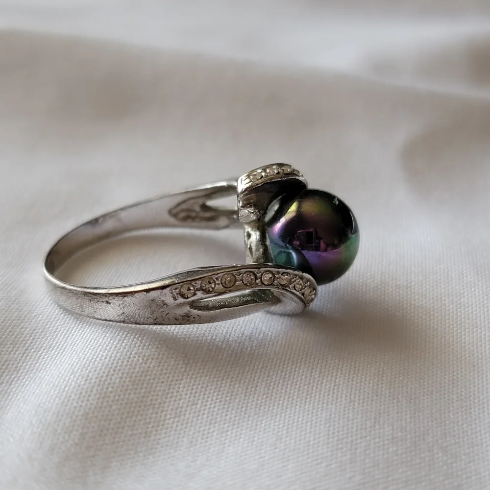 Faux Black Pearl Ring Silver Tone